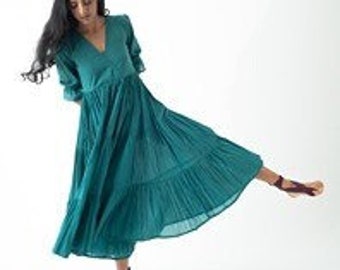 Organic Cotton Midi Dress, Teal Blue Tiered and Layered Dress, Boho Tunic with Pockets, Comfortable Loose Fit, Plus Size, Custom Sizing