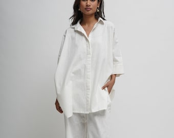 Summer White Co-ord set with Pockets, Organic Cotton, Oversized Shirt and Pants, Travel Smart Casual Outfit, Custom Plus Size, Petite