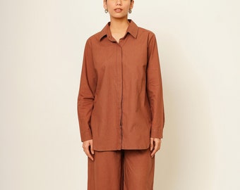 Brown Organic Cotton Co-ord Set, Oversized Shirt and Pants, Smart Comfy Casual Outfit, Custom Plus Size Streetwear, Travel Easy Leisurewear