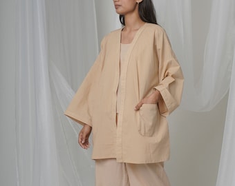 Summer Beige Loungewear, Organic Cotton, Oversized Shrug, Inner and Pants, Comfy Nightsuit Set, Custom Plus Size, Petite, Linen Leisurewear