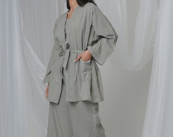 Vêtements de détente gris estival, Coton bio, Boléro surdimensionné, Veste intérieure et pantalon, Ensemble pyjama confortable, Personnalisation grande taille, Petite, Vêtements de loisirs en lin