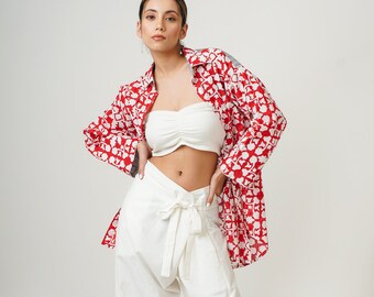 Organic Cotton, Red Hand-Block Printed Patchwork Buttoned Shirt, Comfortable Summer Collared Oversized Tunic Shrug , Custom Plus Size
