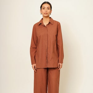 Brown Organic Cotton Co-ord Set, Oversized Shirt and Pants, Smart Comfy Casual Outfit, Custom Plus Size Streetwear, Travel Easy Leisurewear image 1