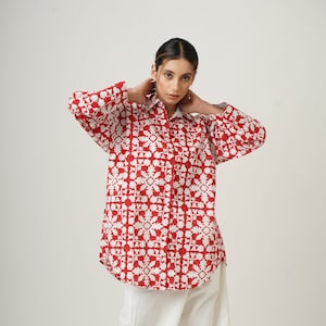 Organic Cotton Boho Shirt, Hand Block Printed Oversized Tunic, Lightweight Button-Up Shrug, Summer Blouse, Plus Size Loose Top, Custom Size