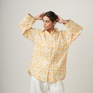 Organic Cotton Boho Hand Block Printed Shirt, Oversized Button-Up Tunic Shrug, Collared Layering Shirt, Summer Top, Loose Blouse, Plus Size