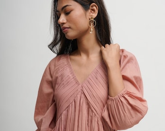 Organic Cotton Pleated Maxi Dress, Pink Tiered and Layered Dress, Boho Tunic with Pockets, Comfortable Loose Fit, Plus Size, Custom Sizing