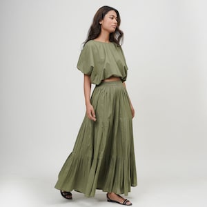 Cotton Long Boho Tier Skirt with Pockets and Boat Neck Crop Top, Comfortable Loose Fit, Plus Size, Custom Sizing, Gifts for Women,