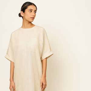 Linen Tea-Length Dress, Loose Fit Flax Dress with Pockets, Modest Maxi Dress, Small Neckline, Custom Size, Plus Size Minimalist Clothing