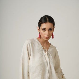 Linen Embroidered Sleeve Top, Burnt Toffee Oversized Blouse, Loose Linen Shirt, Custom Women’s Clothing, Plus Size Tunic, Handmade Boho Top