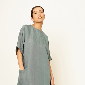Linen Loose Fit Tea Length Dress, Natural Flax Dress with Pockets, Modest Linen Maxi Dress, Plus Size Clothing, Small Neck, Custom Dress