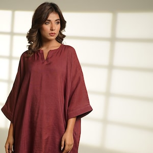 Oversized Linen Pajama Set, Mahogany Two-Piece Loungewear, Loose Linen Tunic and Trousers, Plus Size Custom Linen Clothing, Summer Outfit