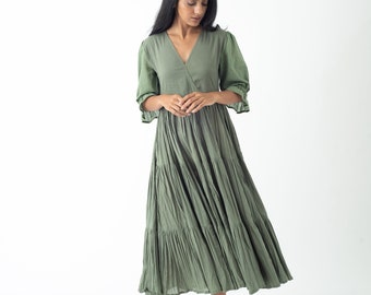 Organic Cotton Midi Dress, Bayleaf Green Tiered and Layered Dress, Boho Tunic with Pockets, Comfortable Loose Fit, Plus Size, Custom Sizing