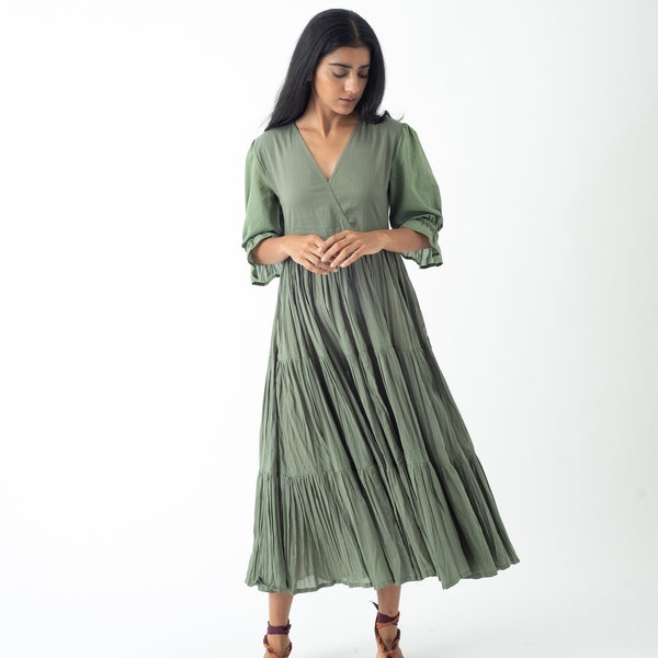 Organic Cotton Midi Dress, Bayleaf Green Tiered and Layered Dress, Boho Tunic with Pockets, Comfortable Loose Fit, Plus Size, Custom Sizing