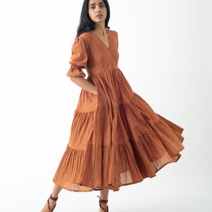 Organic Cotton Midi Dress, Burnt Toffee Tiered and Layered Dress, Boho Tunic with Pockets, Comfortable Loose Fit, Plus Size, Custom Sizing Burnt Toffee Tan