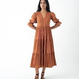 Organic Cotton Midi Dress, Burnt Toffee Tiered and Layered Dress, Boho Tunic with Pockets, Comfortable Loose Fit, Plus Size, Custom Sizing image 1