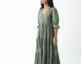 Robe midi en coton bio, robe verte feuille de laurier à plusieurs niveaux et superpositions, tunique bohème avec poches, coupe ample confortable, grande taille, dimension personnalisée