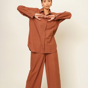 Brown Organic Cotton Co-ord Set, Oversized Shirt and Pants, Smart Comfy Casual Outfit, Custom Plus Size Streetwear, Travel Easy Leisurewear image 4