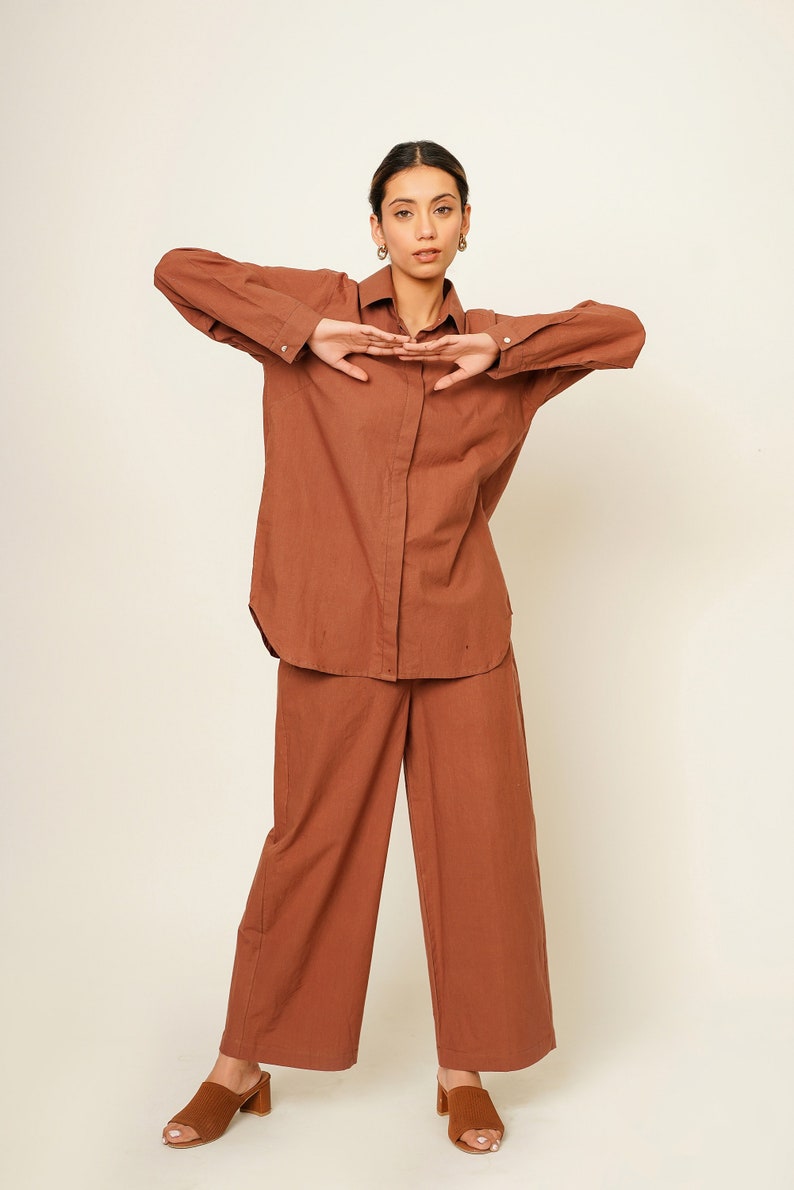 Brown Organic Cotton Co-ord Set, Oversized Shirt and Pants, Smart Comfy Casual Outfit, Custom Plus Size Streetwear, Travel Easy Leisurewear image 4