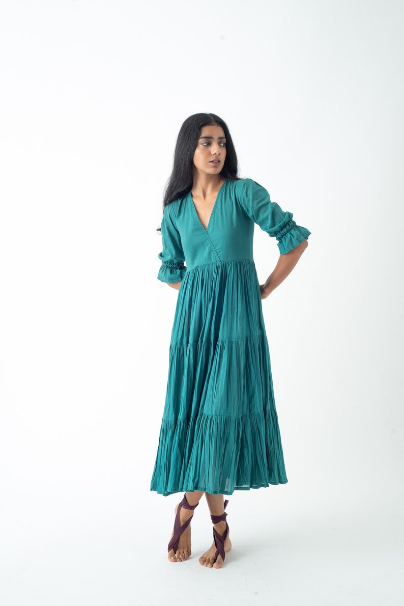 Organic Cotton Midi Dress, Teal Blue Tiered and Layered Dress, Boho Tunic with Pockets, Comfortable Loose Fit, Plus Size, Custom Sizing image 4