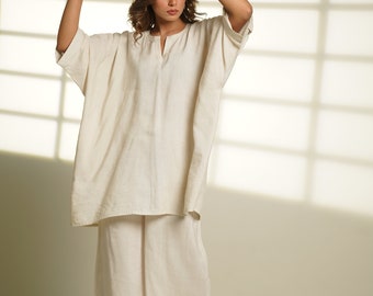 Linen Lounge Set, Cream White Pyjama Set, Oversized Tunic and Pants, Comfy Sleepwear, Custom Plus Size and Petite Sizing, Travel Leisurewear