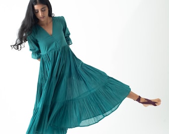 Organic Cotton Midi Dress, Teal Blue Tiered and Layered Dress, Boho Tunic with Pockets, Comfortable Loose Fit, Plus Size, Custom Sizing
