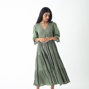 Organic Cotton Midi Dress, Bayleaf Green Tiered and Layered Dress, Boho Tunic with Pockets, Comfortable Loose Fit, Plus Size, Custom Sizing image 1