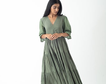 Organic Cotton Midi Dress, Bayleaf Green Tiered and Layered Dress, Boho Tunic with Pockets, Comfortable Loose Fit, Plus Size, Custom Sizing