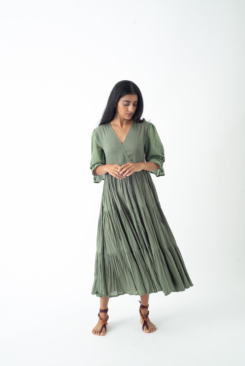 Organic Cotton Midi Dress, Bayleaf Green Tiered and Layered Dress, Boho Tunic with Pockets, Comfortable Loose Fit, Plus Size, Custom Sizing image 1