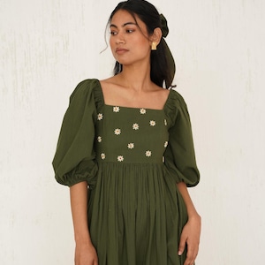 Cottagecore Maxi Dress, Square Neck Puff Sleeve Dress, Hand Embroidered Empire Waist Dress, Princess Cut Summer Gown, Heavyweight Cotton