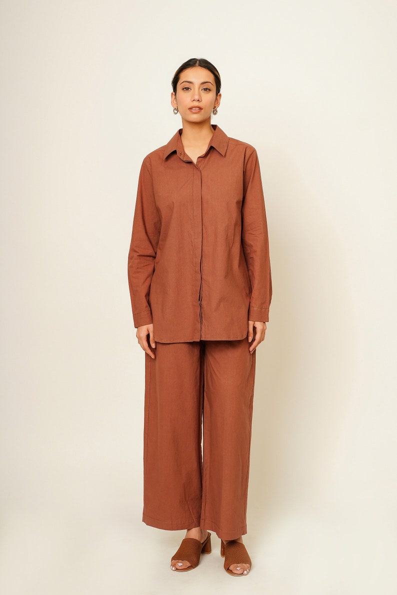 Brown Organic Cotton Co-ord Set, Oversized Shirt and Pants, Smart Comfy Casual Outfit, Custom Plus Size Streetwear, Travel Easy Leisurewear image 1