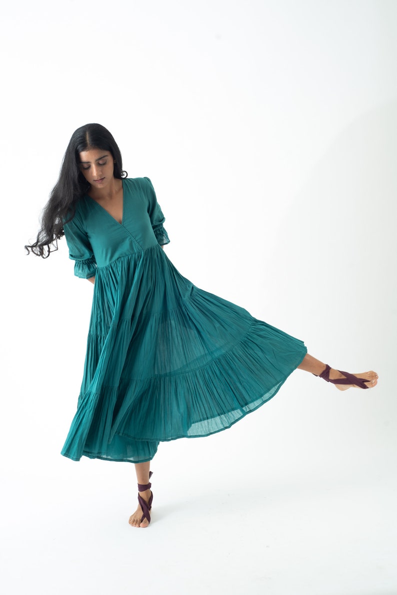 Organic Cotton Midi Dress, Teal Blue Tiered and Layered Dress, Boho Tunic with Pockets, Comfortable Loose Fit, Plus Size, Custom Sizing image 1