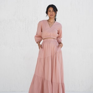 Cotton Boho Skirt and Top Set, Tiered Maxi Skirt with Pockets, V Neck Crop Top, Loose Fit Two-Piece Set, Plus Size, Summer Clothing
