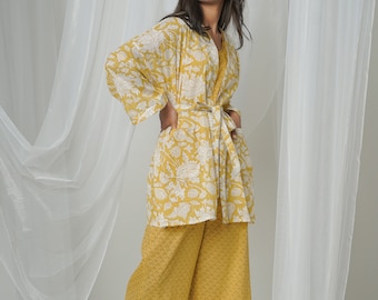 Summer Yellow Loungewear, Organic Cotton, Oversized Shrug, Inner and Pants, Comfy Nightsuit Set, Custom Plus Size, Petite, Linen Leisurewear