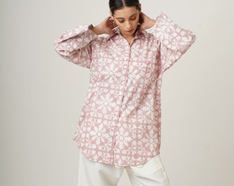 Organic Cotton, Light Pink Hand-Block Printed Patchwork Buttoned Shirt, Comfortable Summer Collared Oversized Tunic Shrug , Custom Plus Size