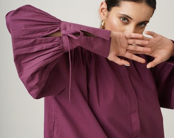 Oversized Cotton Collared Shirt, Buttoned Blouse, Plus Size Puffy Sleeve Shirt with Ties, Loose Formal Workwear, Elegant Blouse