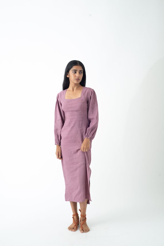 Linen Bodycon Dress, Fitted Long Sleeve Midi Dress, Square Neck Pencil Dress,  Open Back Slit Dress, Custom & Plus Size Clothing - Etsy Canada