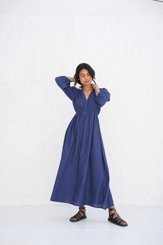 Textured Cotton Maxi Dress, Long Cottagecore Dress, Soft Gathered Flowy Dress, Comfortable Fit, Boho Tunic, Relaxed Summer Dress, Plus Size