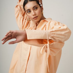 Oversized Cotton Collared Shirt, Formal Buttoned Blouse, Plus Size, Puffy Sleeves with Ties, Loose Fit Blouse, Elegant Workwear