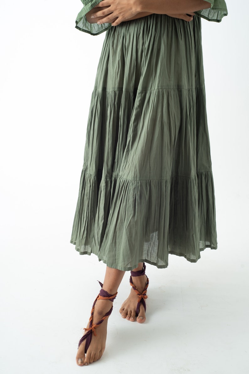 Organic Cotton Midi Dress, Bayleaf Green Tiered and Layered Dress, Boho Tunic with Pockets, Comfortable Loose Fit, Plus Size, Custom Sizing image 2