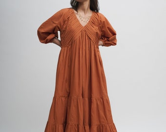 Organic Cotton Maxi Dress, Tan Orange Tiered and Layered Dress, Boho Tunic with Pockets, Comfortable Loose Fit, Plus Size, Custom Sizing