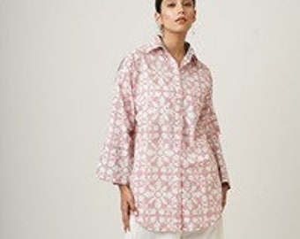 Organic Cotton, Light Pink Hand-Block Printed Patchwork Buttoned Shirt, Comfortable Summer Collared Oversized Tunic Shrug , Custom Plus Size