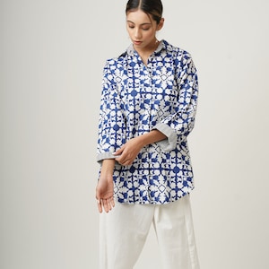 Organic Cotton Hand Block Printed Shirt, Oversized Button Tunic Shrug, Boho Collared Layering Shirt, Summer Blouse, Plus Size Loose Fit Top