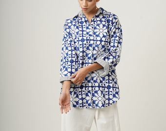 Organic Cotton, Dark Blue Hand-Block Printed Patchwork Buttoned Shirt, Comfortable Summer Collared Oversized Tunic Shrug , Custom Plus Size