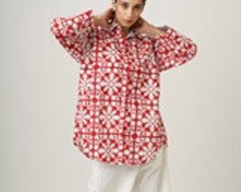 Organic Cotton, Red Hand-Block Printed Patchwork Buttoned Shirt, Comfortable Summer Collared Oversized Tunic Shrug , Custom Plus Size