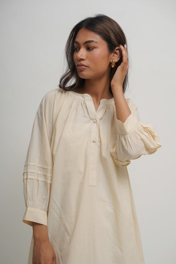 white christmas dresses V Neck 1/2 Sleeve Gathered Loose Cotton Dress – Madepants