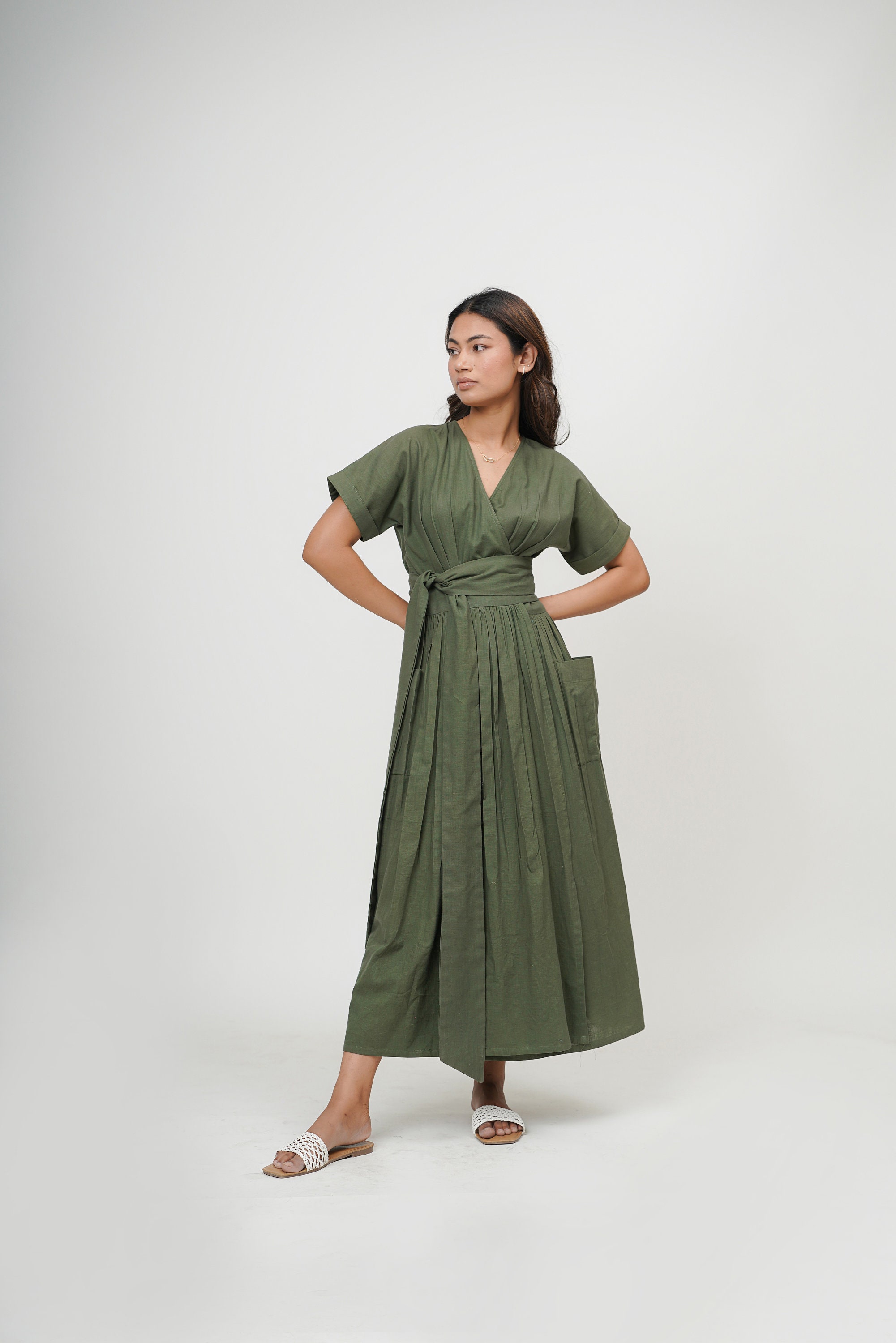 Wrap Dress, Kimono Tie-up Belt dress, Cotton Summer V Neck Dress, Long slit Dress, Deep Neck Maxi Knot dress, Plus Size Custom Clothing