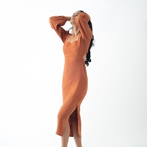 Linen Bodycon Dress, Fitted Long Sleeve Midi Dress, Square Neck Pencil Dress, Open Back Slit Dress, Custom & Plus Size Clothing, Hourglass