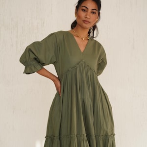 Organic Cotton Frill Maxi Dress, Empire Waist Boho Dress, Cottagecore Bridesmaid Dress, Vintage-Inspired Gown, Plus Size Wedding Guest Dress