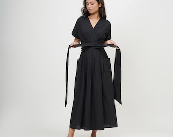 Wrap Dress, Kimono Tie-up Belt dress, Cotton Summer V Neck Dress, Long slit Dress, Deep Neck Maxi Knot dress, Plus Size Custom Clothing