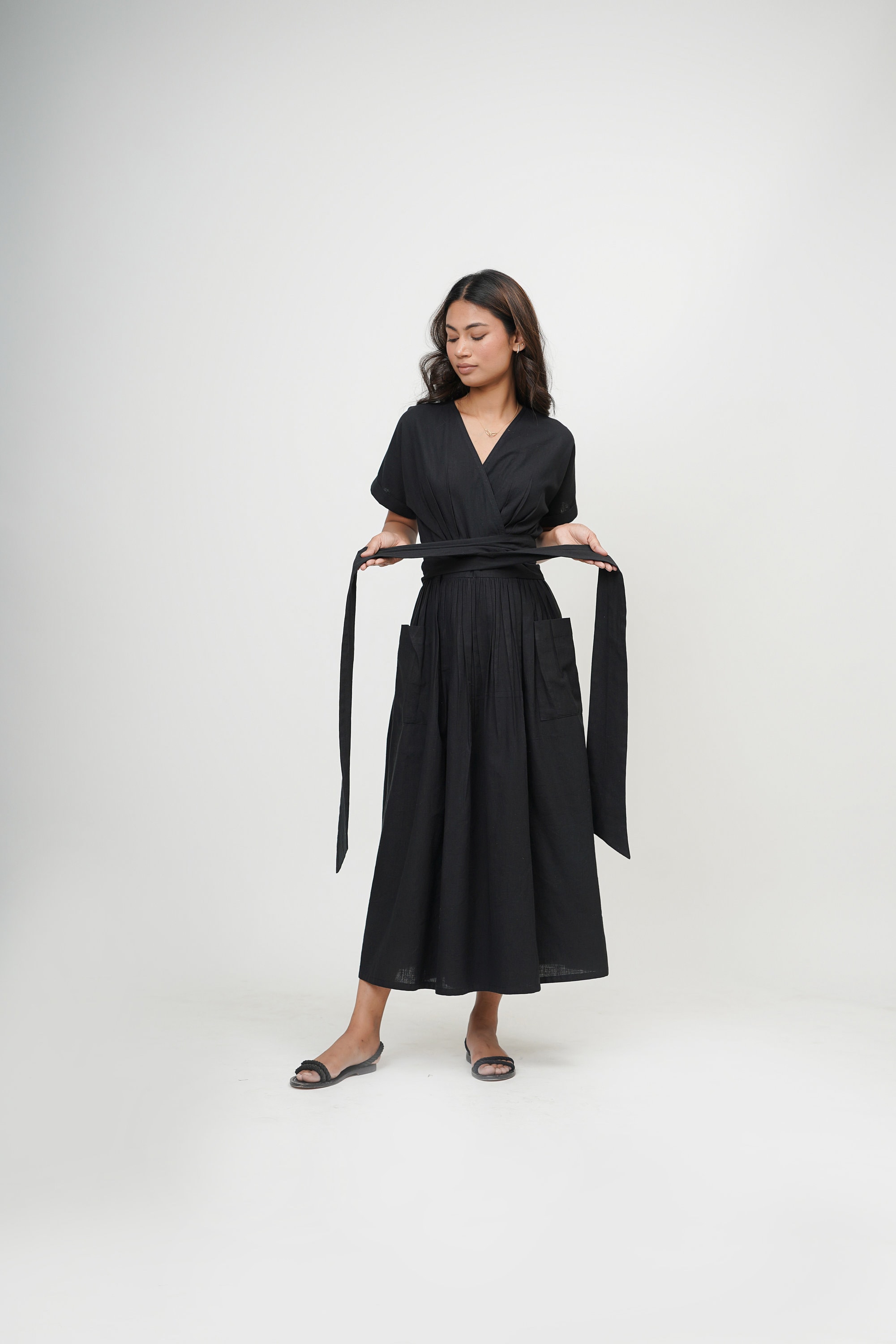 knee length dresses for ladies Wine colour classic maxi dress with pleats and separated belt – GUNTINA main image 0